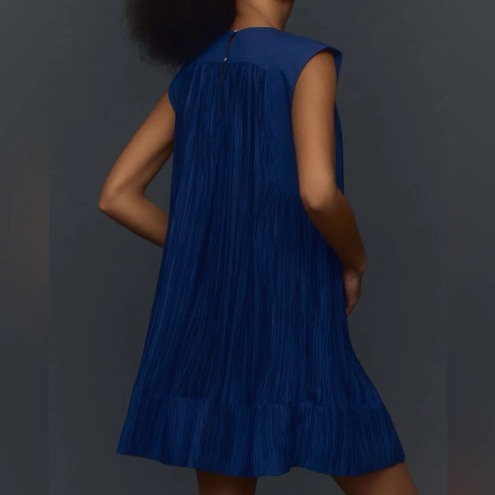 Anthropologie Cap-Sleeve Plissé Mini Dress Dark Blue Size XS - Picture 2 of 8